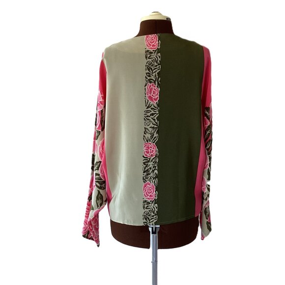 Olive/Fushia Floral Print Silk Blouse - Picture 3 of 8
